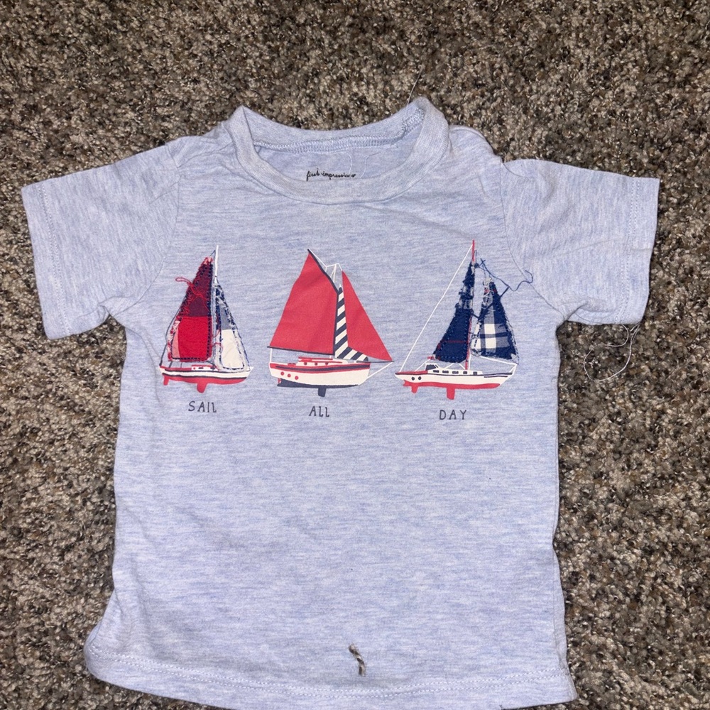Light Gray Kids Sailboat Tee with Red & Navy Accents